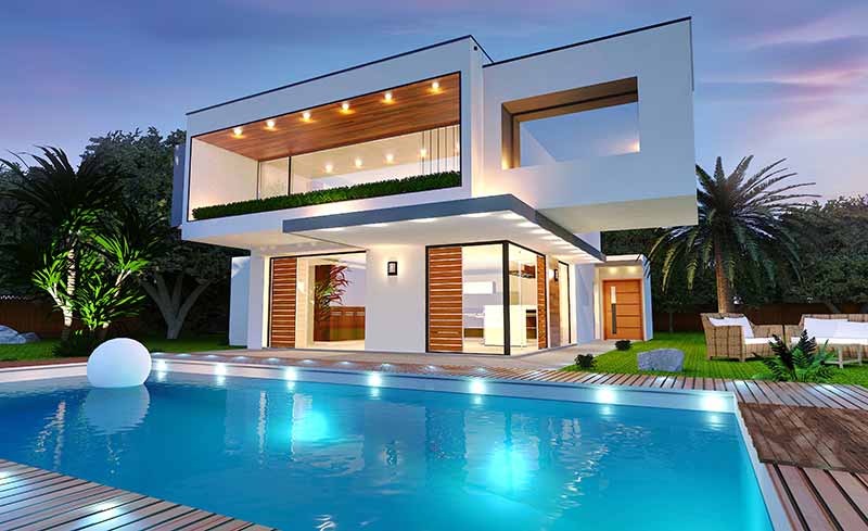 Modern House With Pool At Night