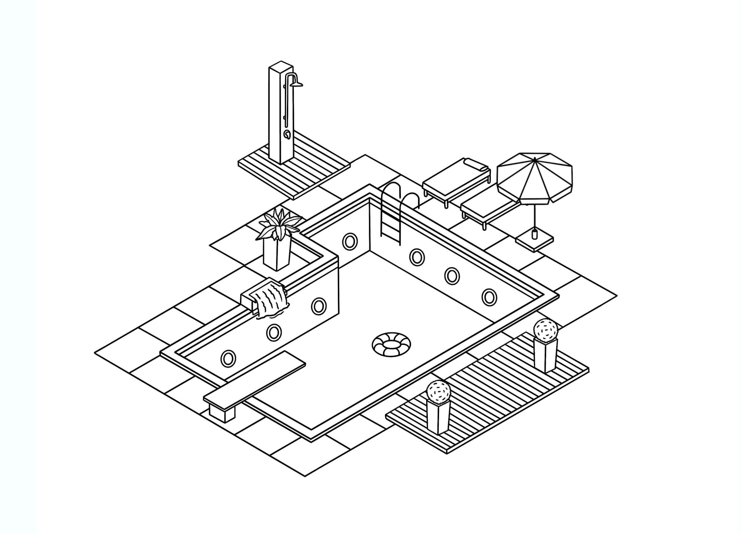Swimming pool and some of its features: waterfall, lights, jets