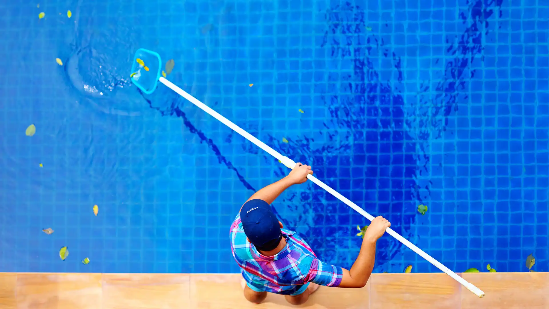 How often to use robotic pool cleaner – A person using a skimmer to clean a pool
