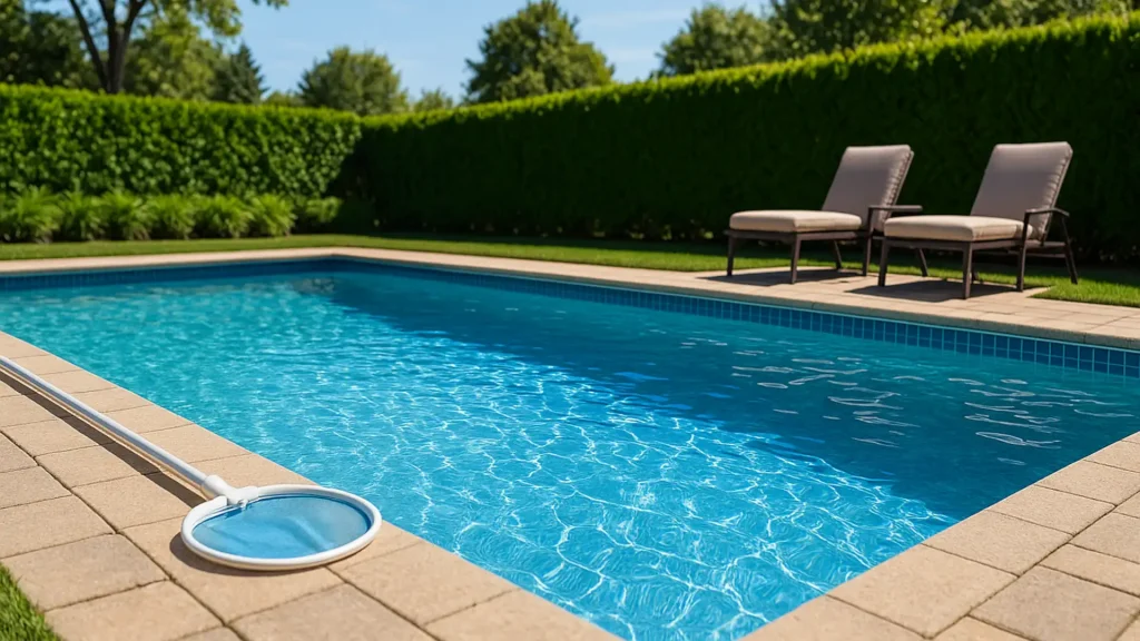 Clean summer swimming pool after applying cleaning chemicals.