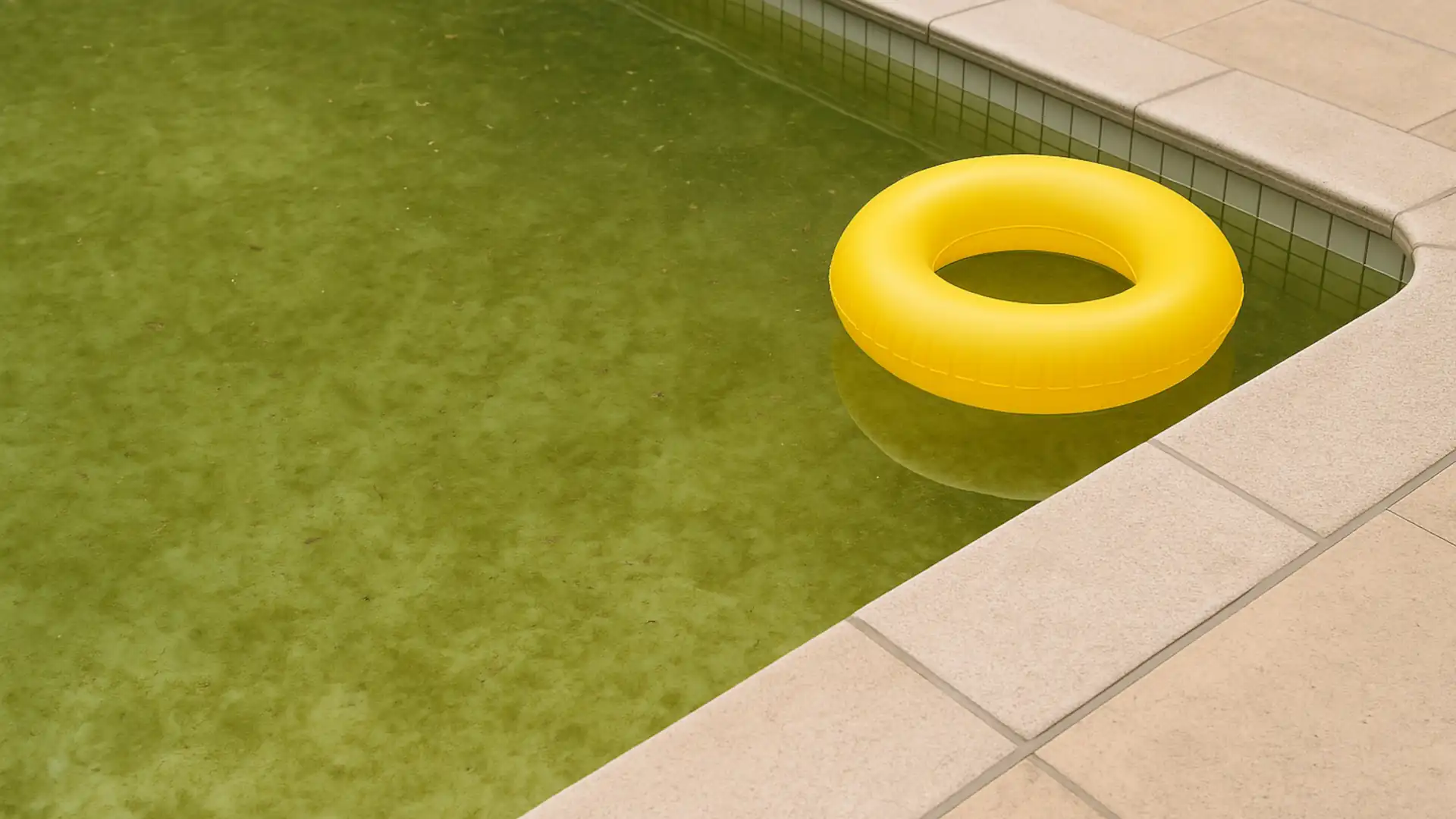 Murky green water and a yellow inflatable ring floating on the surface due to absence of swimming pool cleaning chemicals
